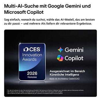 Das Emblem „CES Innovation Awards Honoree 2026“ in der Kategorie „Künstliche Intelligenz“ würdigt Multi AI Search mit Google Gemini und Microsoft Copilot.